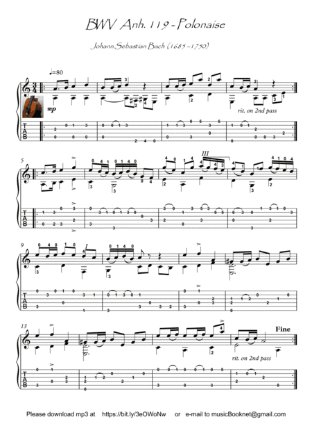 Bach for Guitar Polonaise BWV Anh119 (arr. PianoSheetNow)