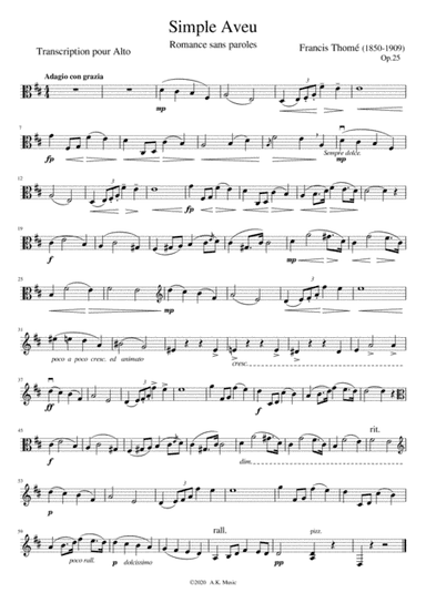 Simple Aveu - Viola Solo (arr. Ailie Kreis)