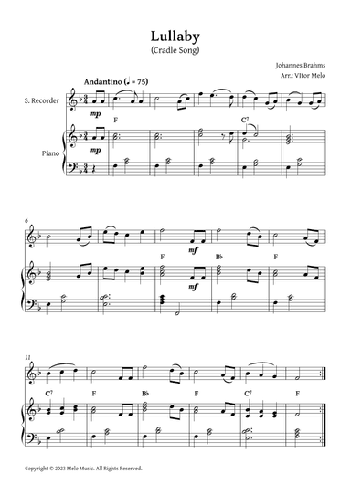 Brahms Lullaby -  Soprano recorder and Piano (arr. Vitor Melo)
