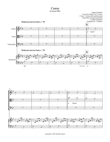 Canon (Pachelbel) (Bb) (String Trio - 1 Violin, 1 Viola, 1 Cello), Keyboard) (arr. Regis Bookshar)