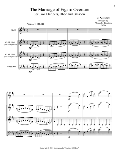 The Marriage of Figaro Overture, for Two Clarinets, Oboe, and Bassoon (arr. Alexander Timofeev)