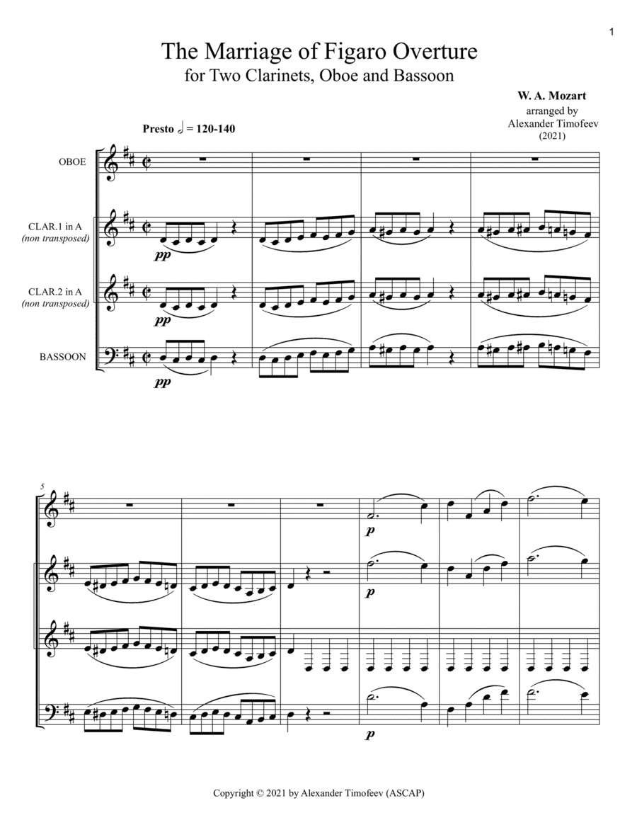 The Marriage of Figaro Overture, for Two Clarinets, Oboe, and Bassoon (arr. Alexander Timofeev)