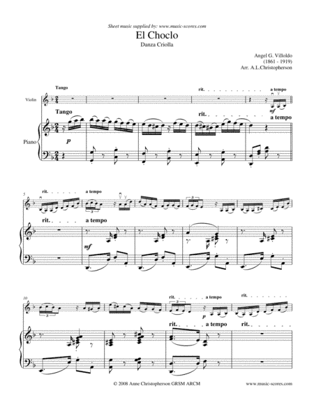 El Choclo - Violin (Moderate) and Piano (arr. Anne Christopherson GRSM ARCM)