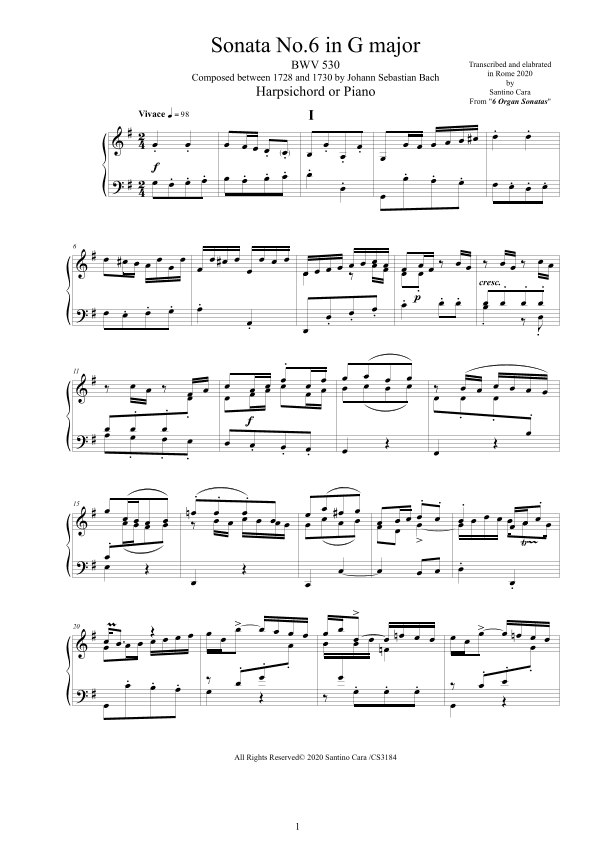 Bach - Sonata No.6 in G major BWV 530 for Harpsichord (or Piano) (arr. Santino Cara)