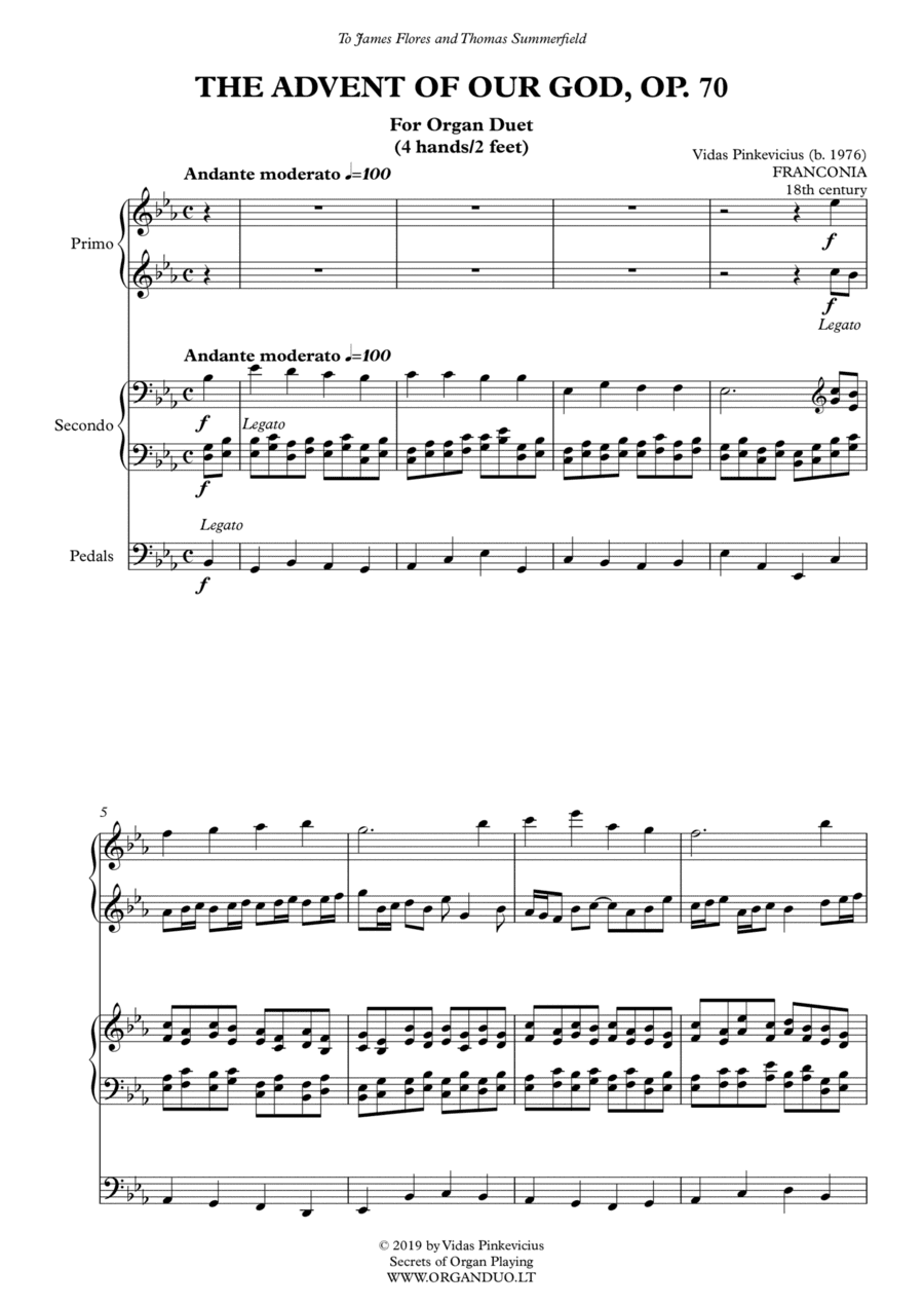 The Advent of Our God, Op. 70 (2019) for organ duet by Vidas Pinkevicius