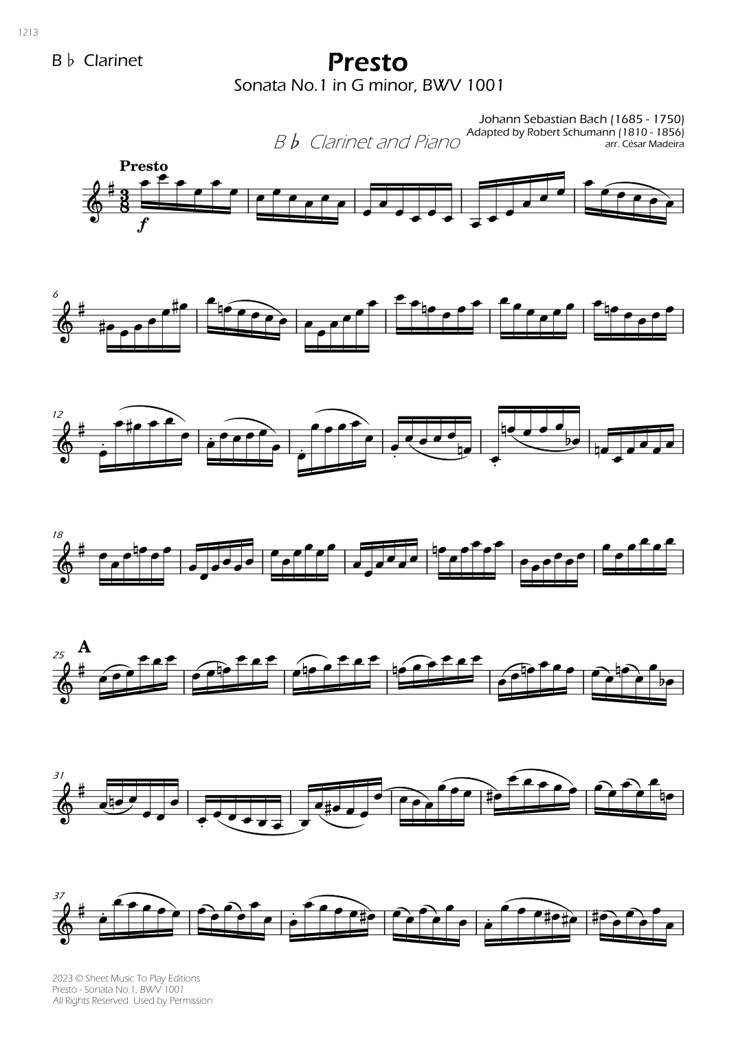 Presto from Sonata No.1, BWV 1001 - Bb Clarinet and Piano (Individual Parts) (arr. César Madeira)
