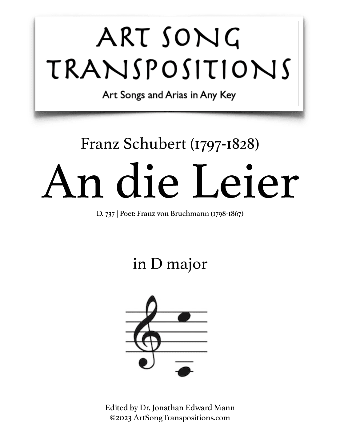 SCHUBERT: An die Leier, D. 737 (transposed to D major) (arr. ArtSongTranspositions.com)