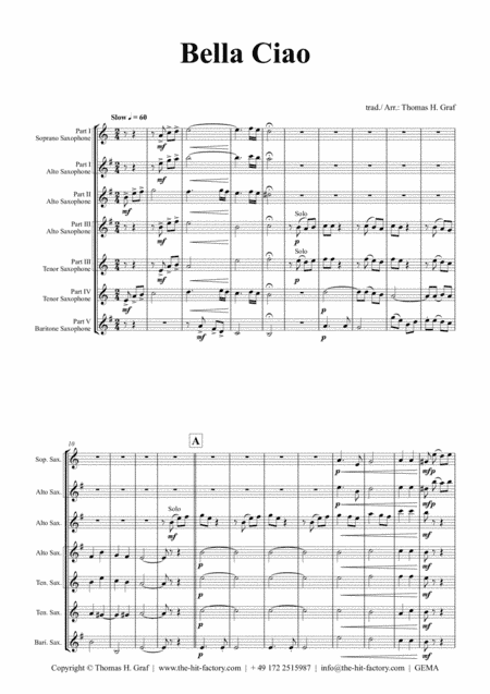 Bella Ciao - Italian Classic - Saxophone Quintet (arr. Thomas H. Graf)