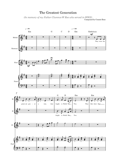 The Greatest Generation WWII - vocal duet, flute (optional) and piano