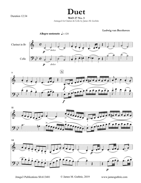 Beethoven: Duet WoO 27 No. 3 for Clarinet & Cello (arr. James M. Guthrie, ASCAP)