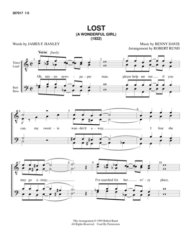 Lost (A Wonderful Girl), (TTBB - barbershop) - arr. Robert Rund (arr. Robert Rund)