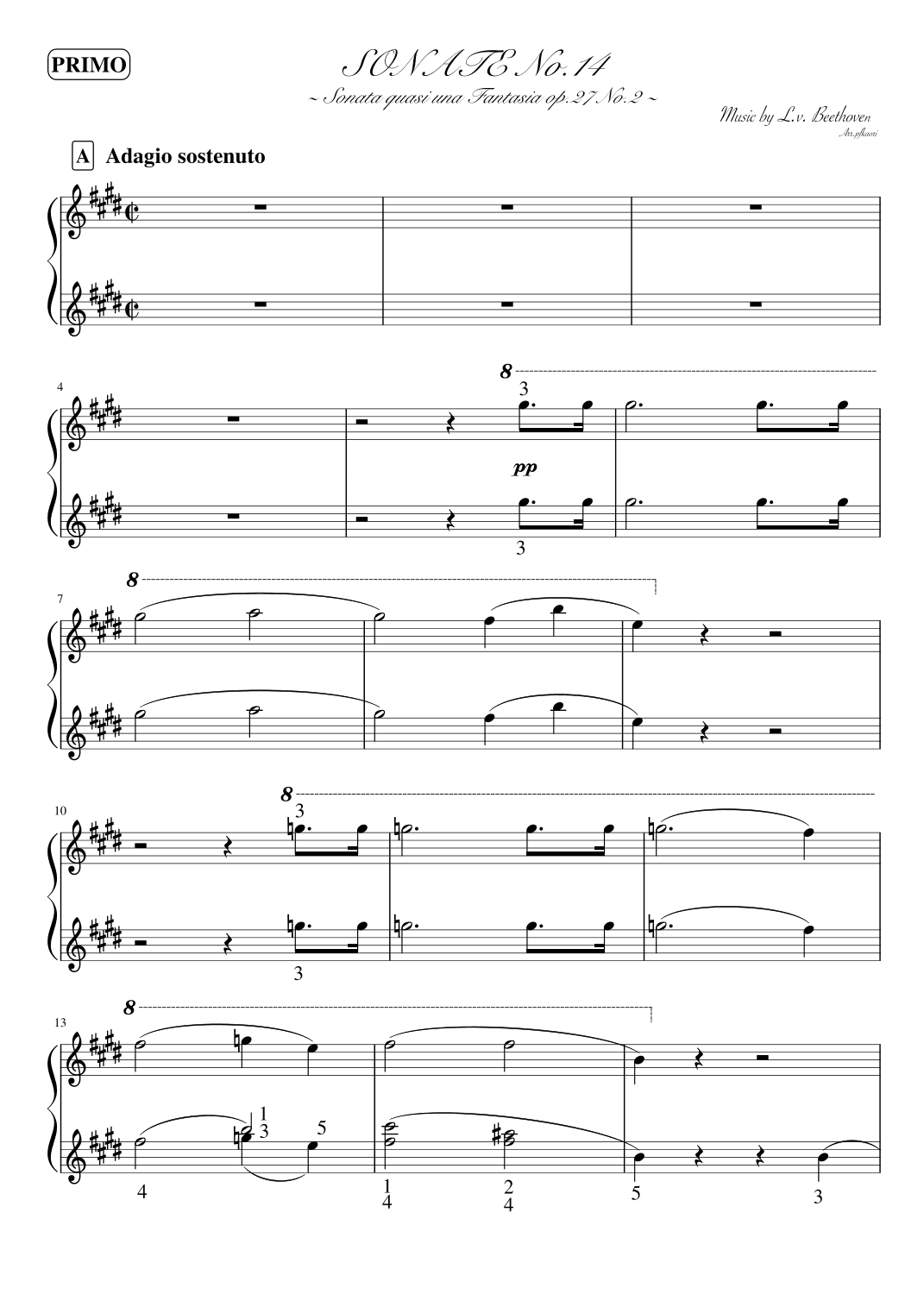 "Sonata No. 14" (op.27-2) Piano 4hands, teacher & student  ver. (arr. pfkaori)