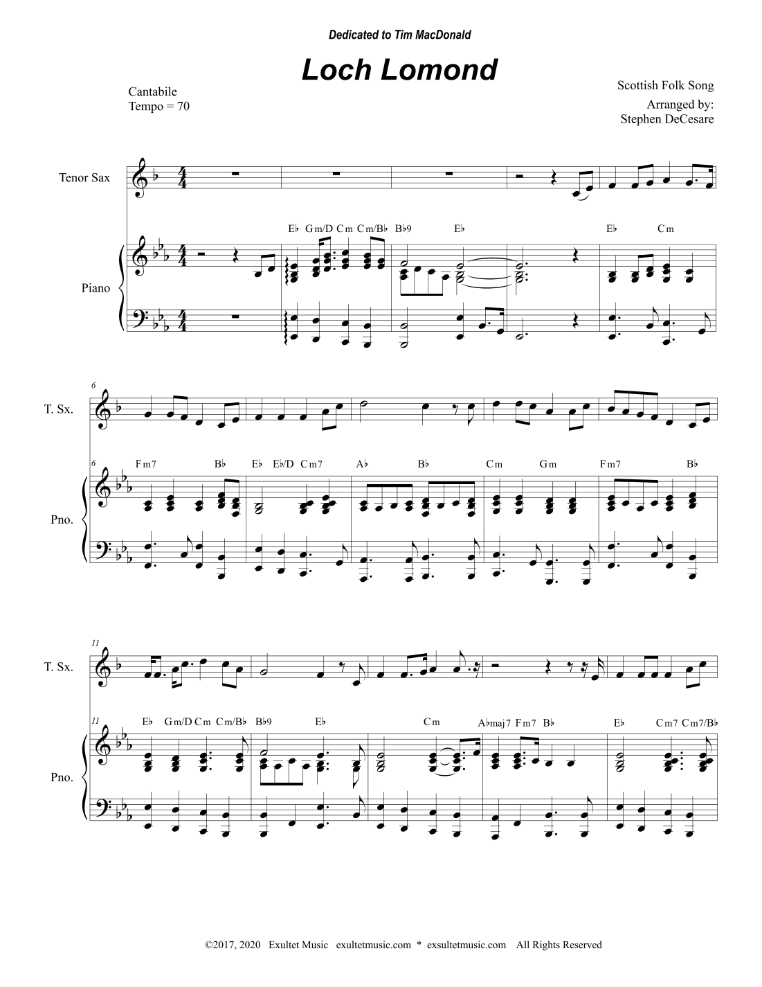 Loch Lomond (Tenor Saxophone and Piano) (arr. Stephen DeCesare)