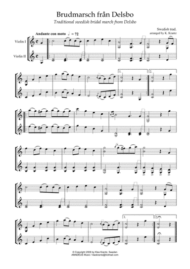Brudmarsch från Delsbo (Bridal March from Delsbo) for violin duo (arr. K. Krantz)