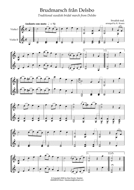 Brudmarsch från Delsbo (Bridal March from Delsbo) for violin duo (arr. K. Krantz)