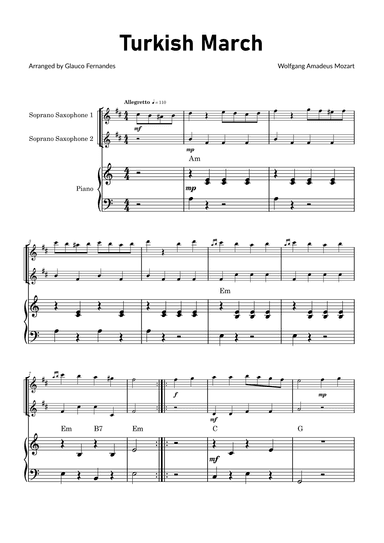 Turkish March by Mozart - Soprano Saxophone Duet with Piano and Chord Notations (arr. Glauco Fernandes)