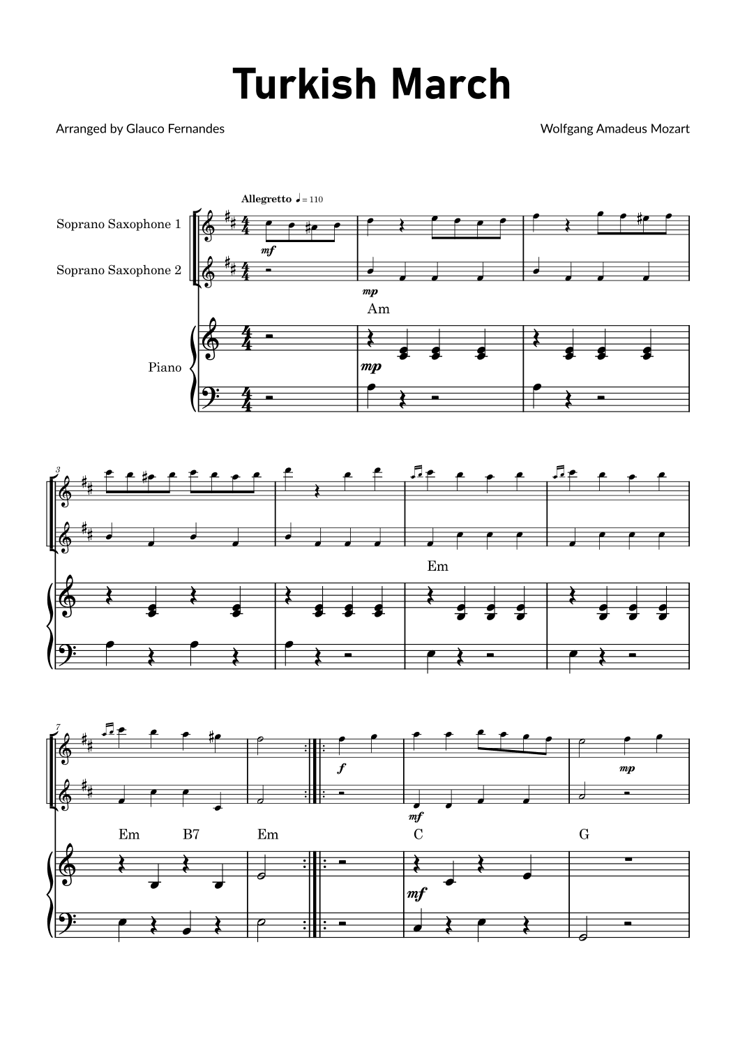 Turkish March by Mozart - Soprano Saxophone Duet with Piano and Chord Notations (arr. Glauco Fernandes)