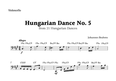 Hungarian Dance No. 5 by Brahms for Violoncello Solo with Chords (arr. Rika K.)