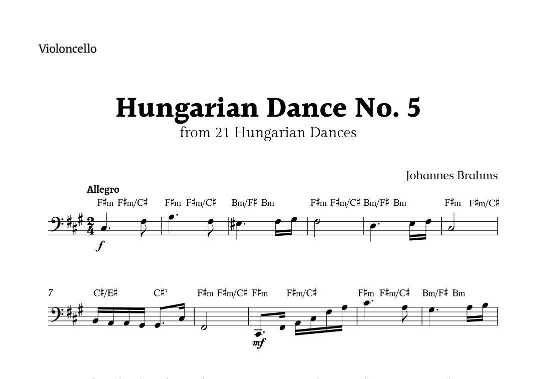 Hungarian Dance No. 5 by Brahms for Violoncello Solo with Chords (arr. Rika K.)