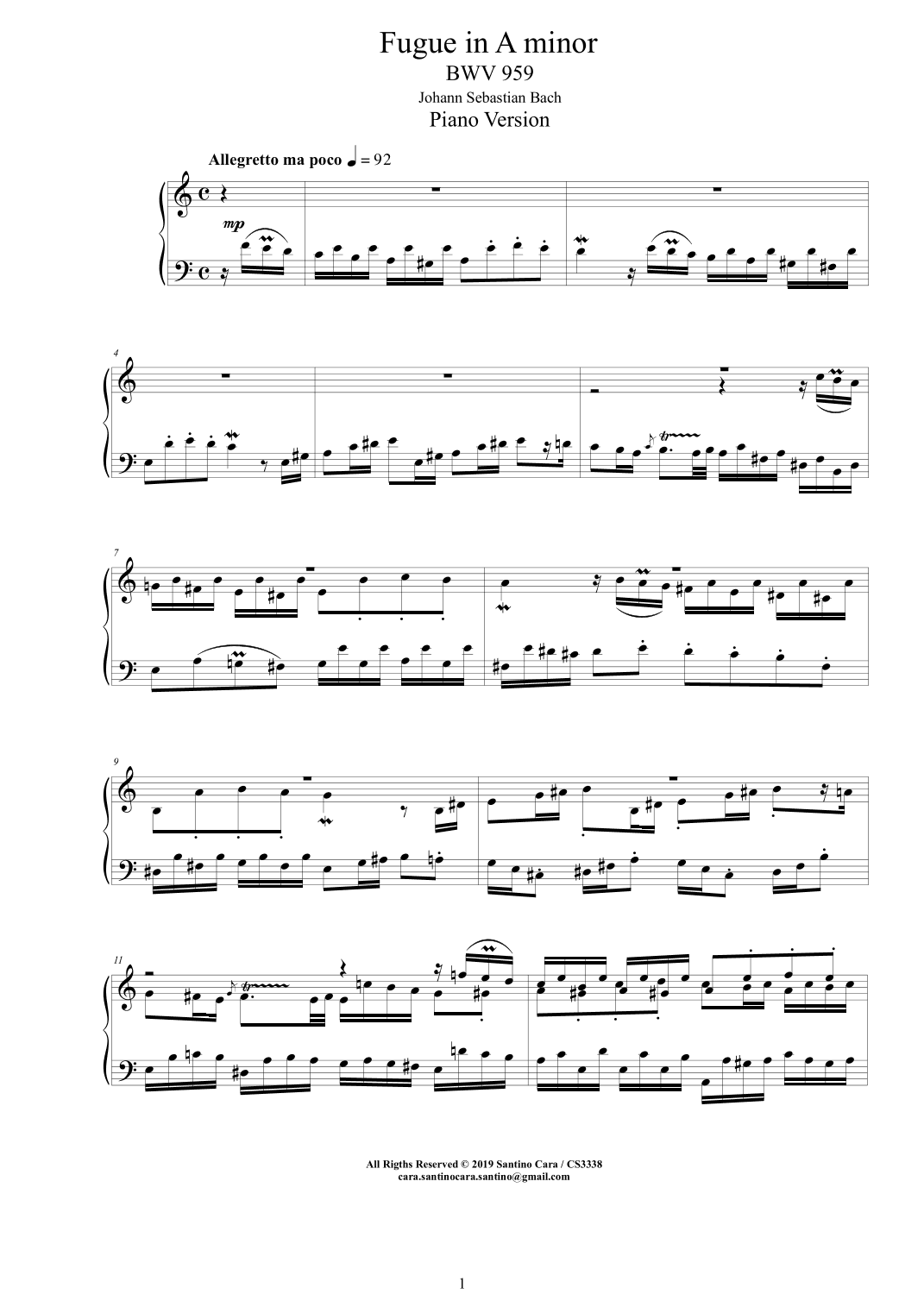 Bach - Fuga in A minor BWV 959 - Piano version (arr. Santino Cara)