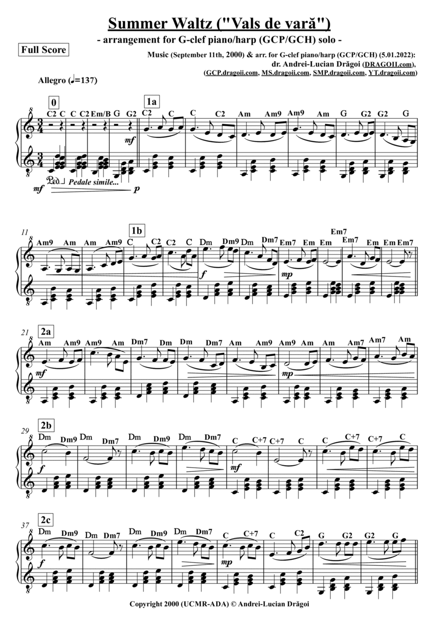 Summer Waltz ("Vals de vara") - arr. for G-clef piano/harp (GCP/GCH) (from my Piano album vol. 2) -