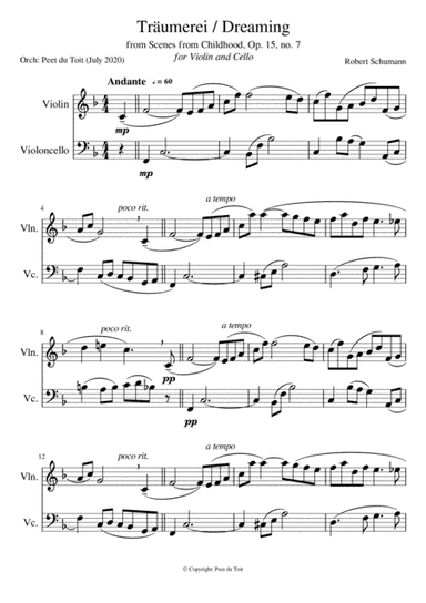 Träumerei/Dreaming from Scenes from Childhood, Op. 15, no. 7 - R Schumann (Violin & Cello) (arr. Peet du Toit)