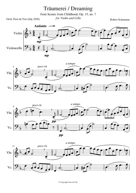Träumerei/Dreaming from Scenes from Childhood, Op. 15, no. 7 - R Schumann (Violin & Cello) (arr. Peet du Toit)