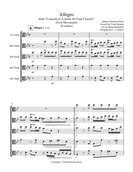 Allegro (from "Concerto for Four Claviers") (G min) (Viola Quintet) (arr. Regis Bookshar)
