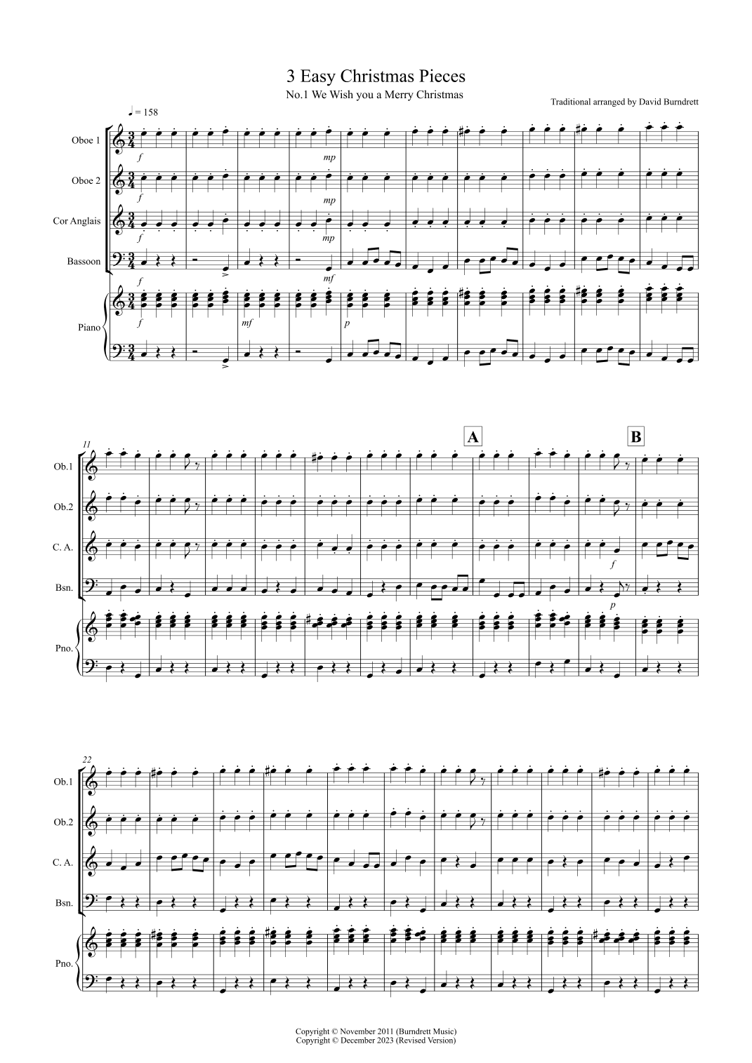 3 Easy Christmas Pieces for Double Reed Quartet (arr. David Burndrett)