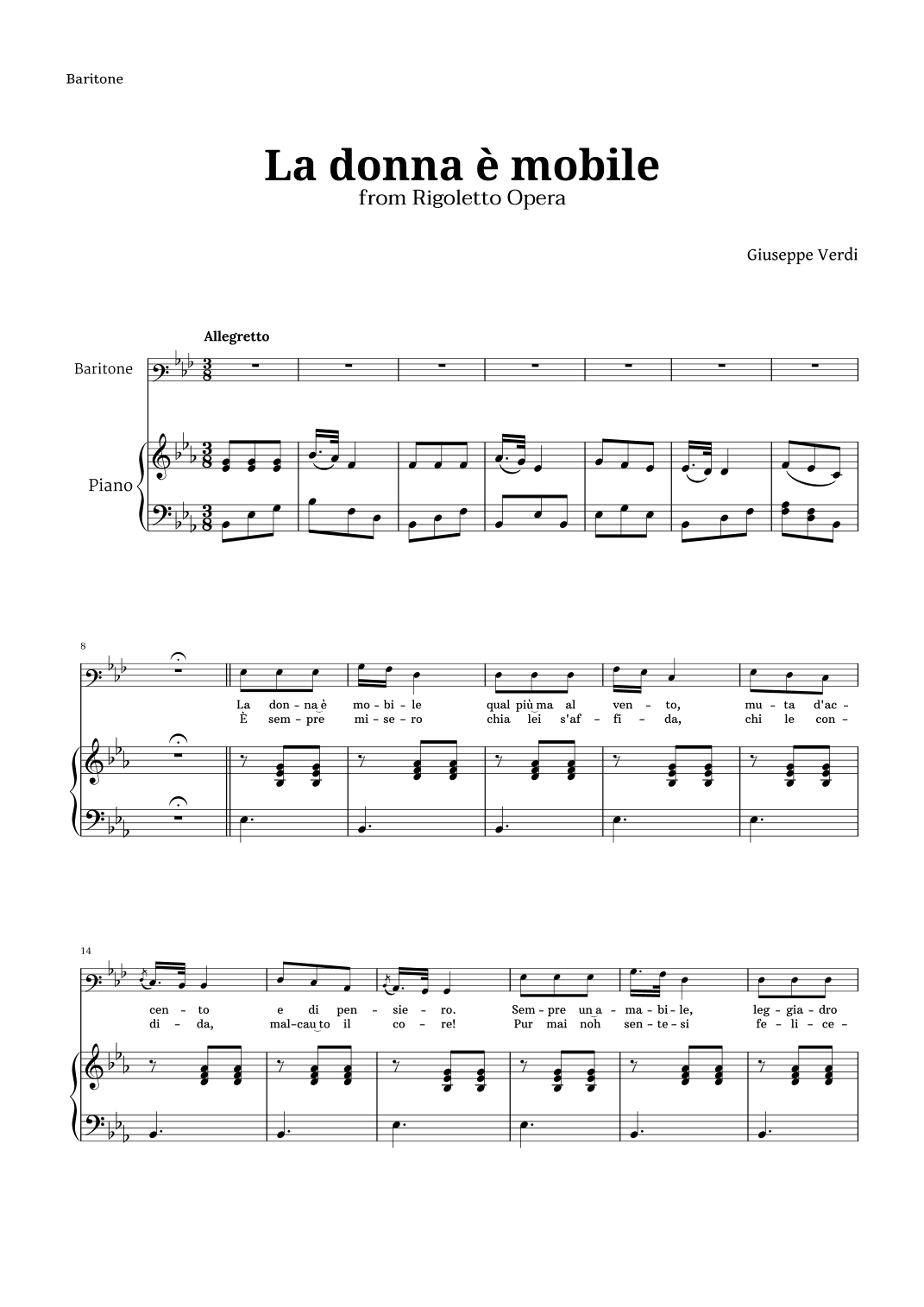 La donna è mobile in E-flat major for Baritone and Piano (arr. Langanho)