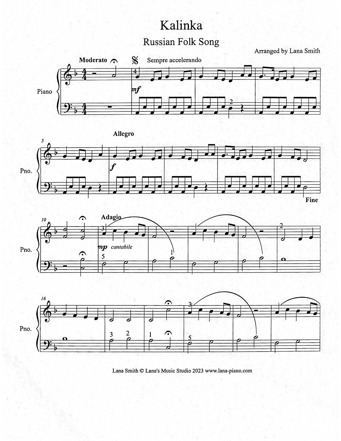 Kalinka, a popular Russian folk song and dance (arr. Lana Smith)