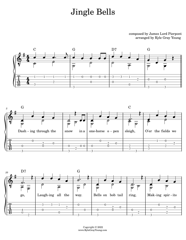 Jingle Bells (easy fingerstyle guitar tablature) (arr. Kyle Gray Young)