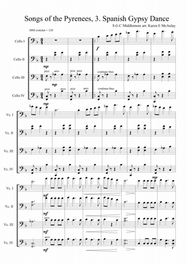 Songs from the Pyrenees no.3, Spanish Gypsy Dance arranged for cello quartet (arr. Karen E McAulay)