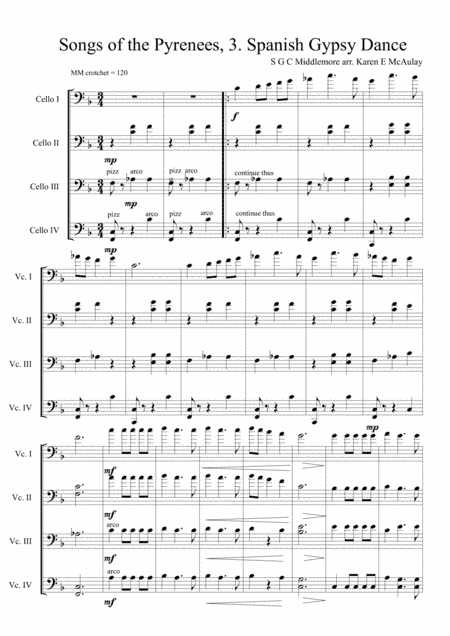 Songs from the Pyrenees no.3, Spanish Gypsy Dance arranged for cello quartet (arr. Karen E McAulay)