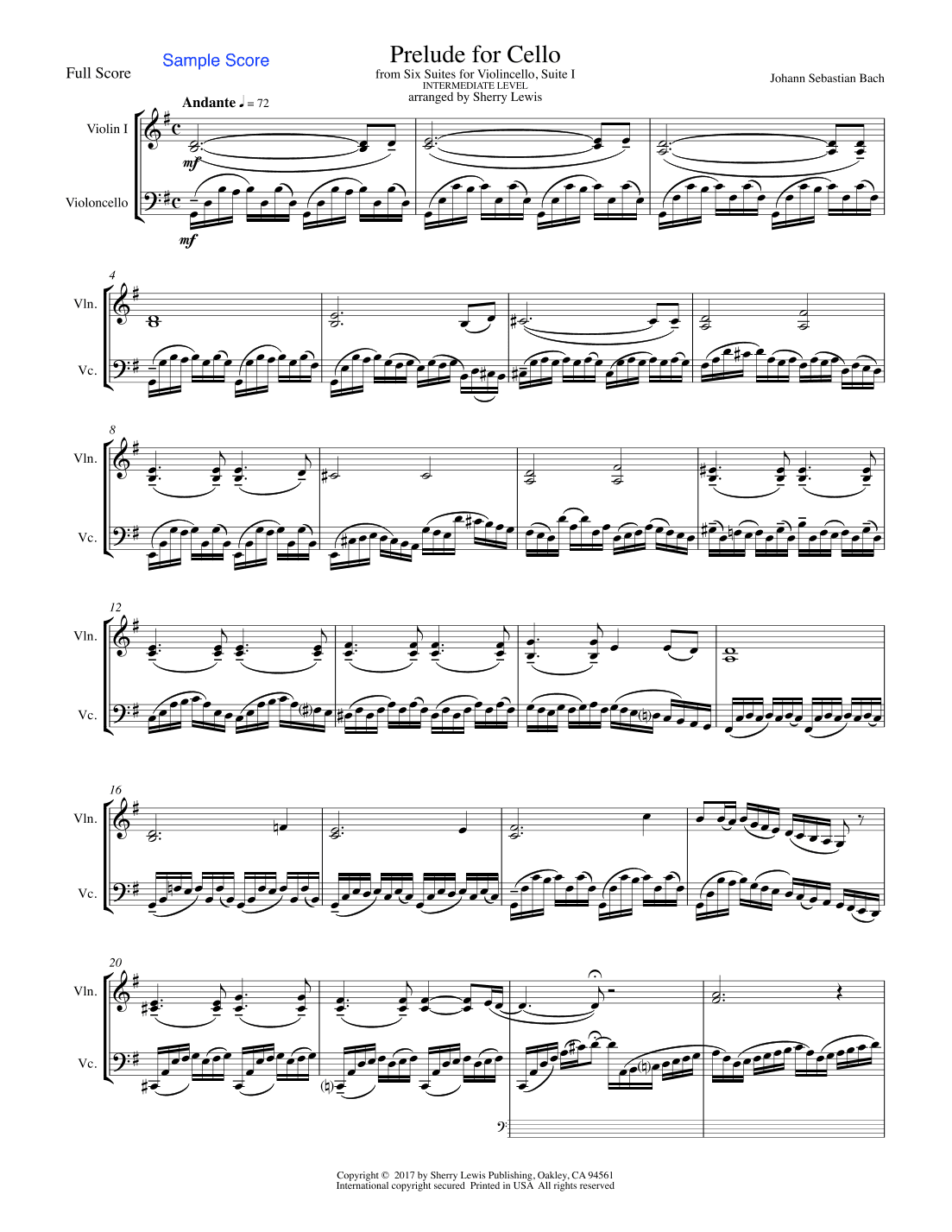 PRELUDE FROM CELLO SUITE NO. 1 by Bach String Duo Intermediate Level for violin and cello (arr. Sherry Lewis)