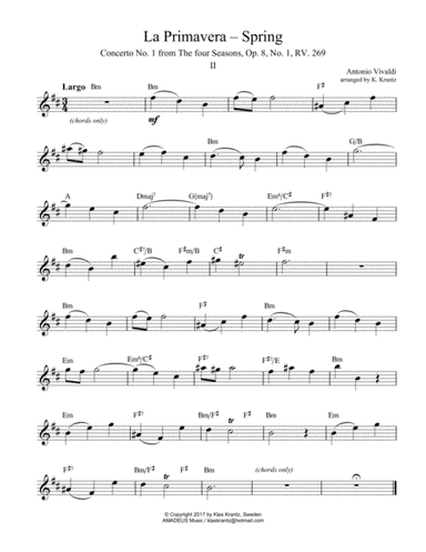 Largo (ii) from La Primavera (Spring) for solo with guitar chords (lead sheet) (arr. K. Krantz)