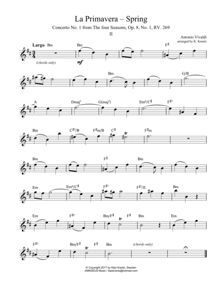 Largo (ii) from La Primavera (Spring) for solo with guitar chords (lead sheet) (arr. K. Krantz)