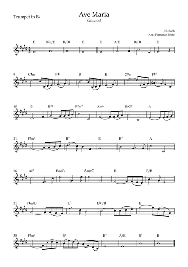 Ave Maria (Gounod) for Trumpet in Bb Solo with Chords (D Major) (arr. Fernando Britto)
