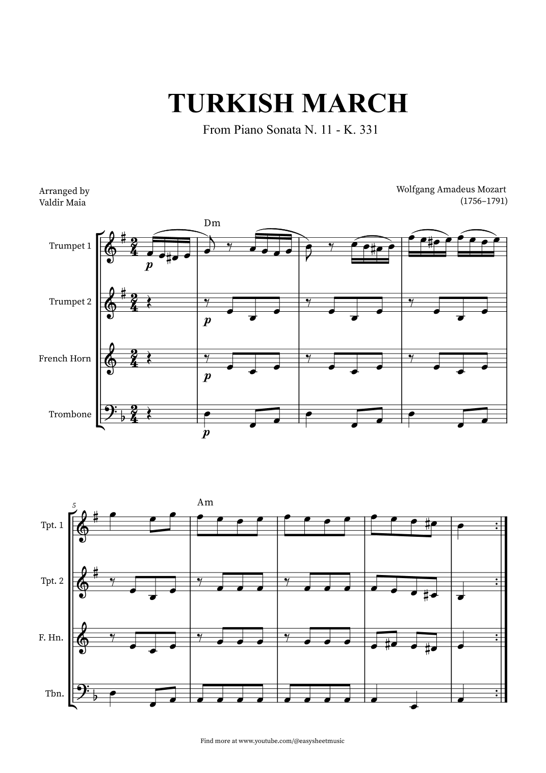 Turkish March - Brass Quartet + CHORDS (arr. Valdir Maia)