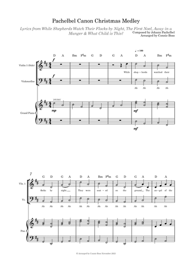 Pachelbel Canon with optional Christmas Medley lyrics violin and cello duet and piano (arr. Connie Boss)