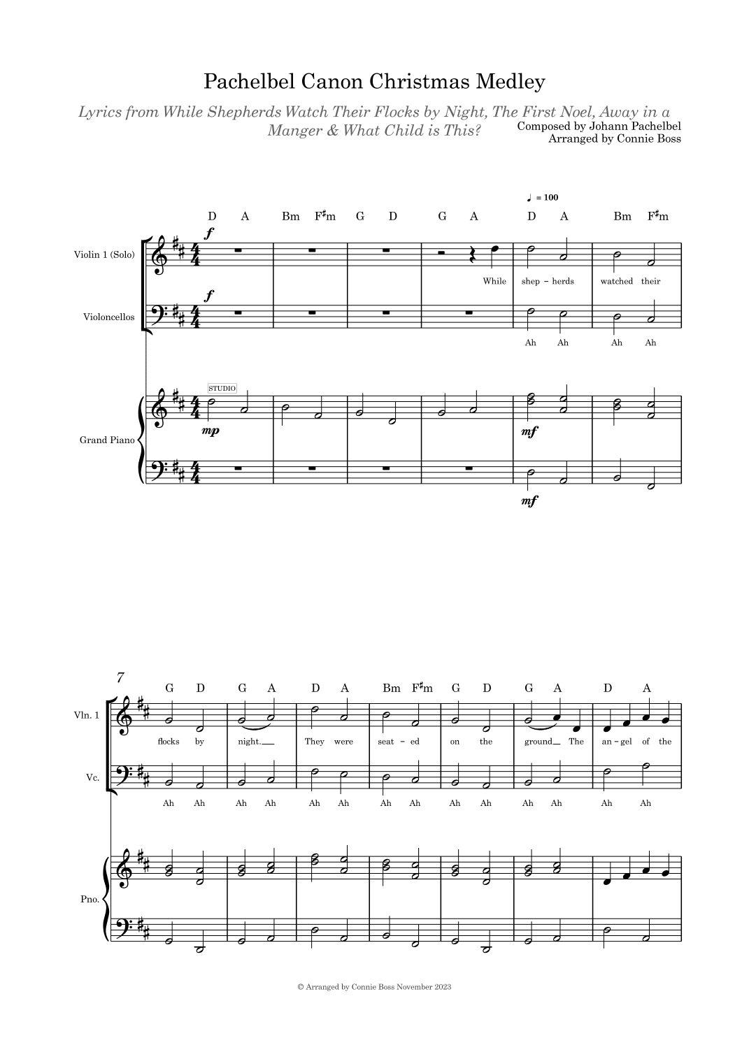 Pachelbel Canon with optional Christmas Medley lyrics violin and cello duet and piano (arr. Connie Boss)