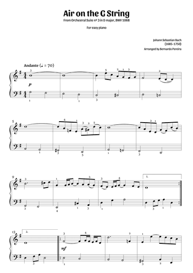 Air on the G string (easy piano – G major) (arr. Bernardo Pereira)
