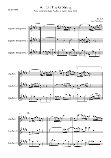 Air On The G String (J.S. Bach) for Soprano Saxophone Trio (arr. Fabio Britto)