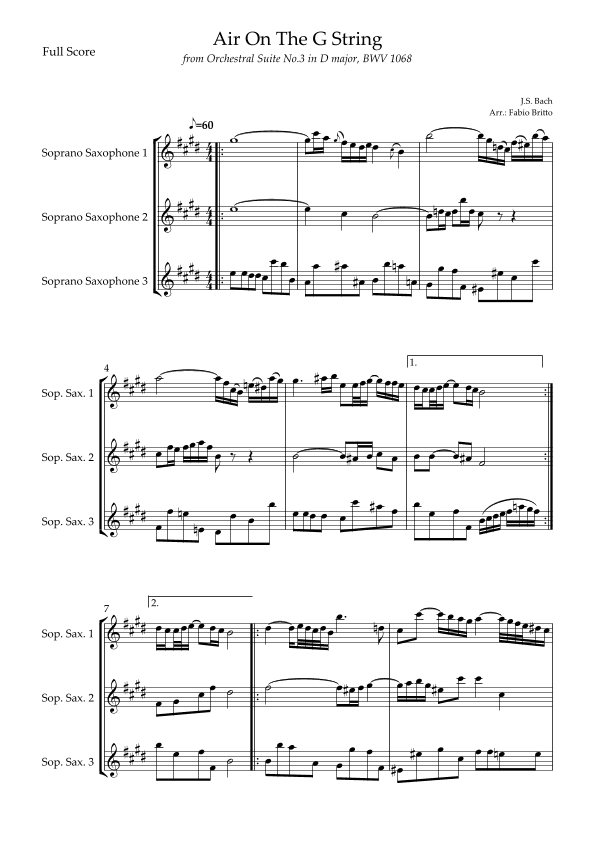 Air On The G String (J.S. Bach) for Soprano Saxophone Trio (arr. Fabio Britto)