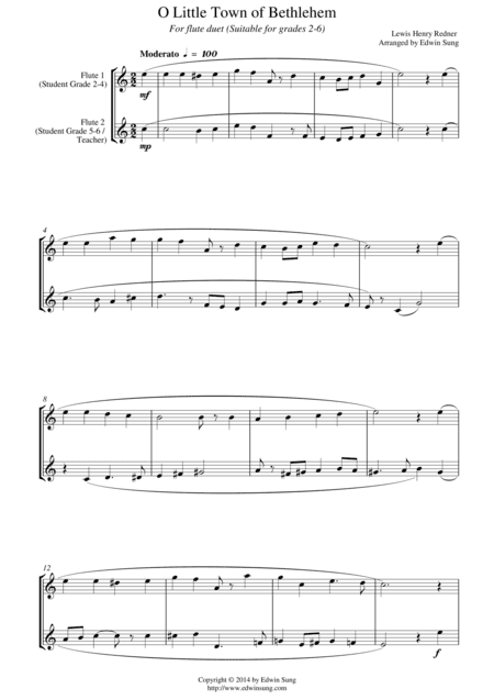 O Little Town of Bethlehem (for flute duet, suitable for grades 2-6) (arr. Edwin Sung)