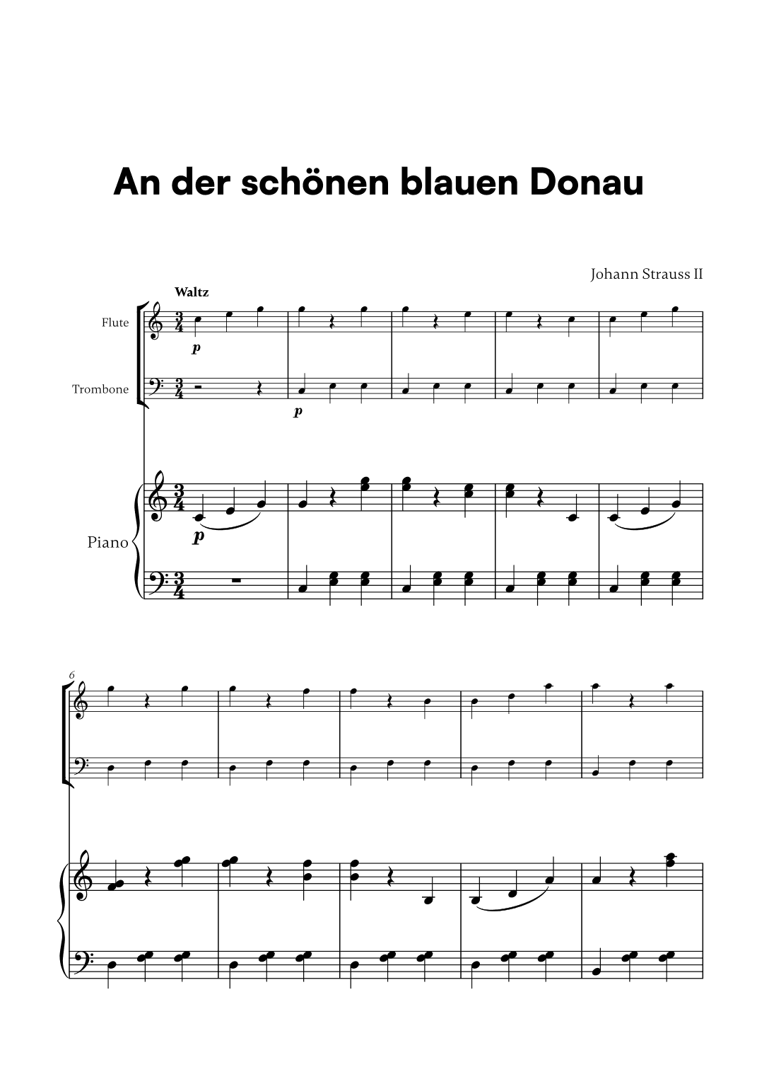Johann Strauss II - An der scho¨nen blauen Donau for Flute, Trombone and Piano (arr. Cadenza Editions)
