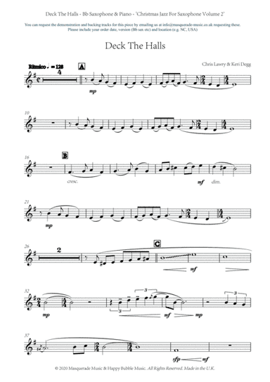 Deck The Halls - Bb Saxophone and Piano by Chris Lawry and Keri Degg. Includes FREE demo and backing