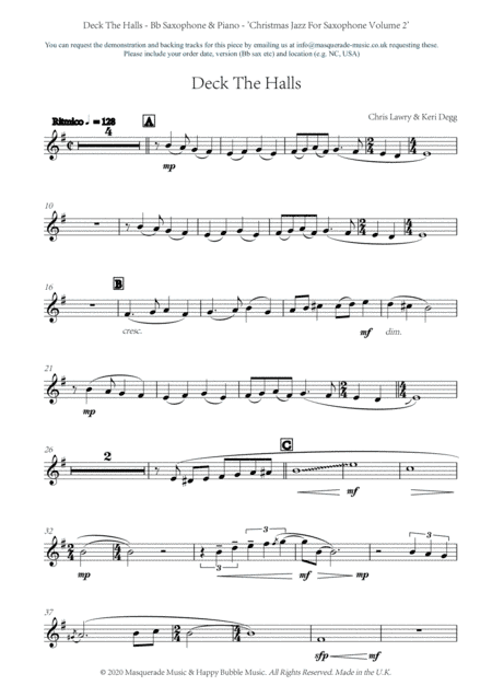Deck The Halls - Bb Saxophone and Piano by Chris Lawry and Keri Degg. Includes FREE demo and backing