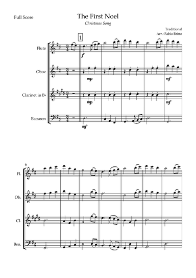 The First Noel (Christmas Song) for Woodwind Quartet (arr. Fabio Britto)