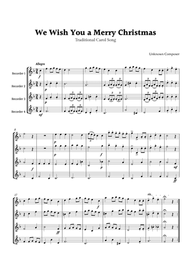 We Wish you a Merry Christmas for Recorder Quartet (arr. Rika K.)